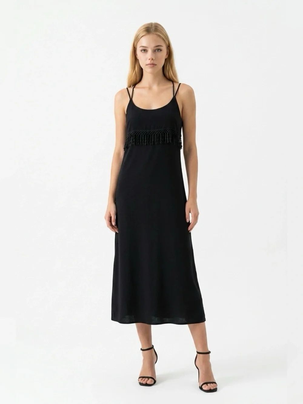 Jon & Anna Black Fringe-Trim Midi Slip Dress